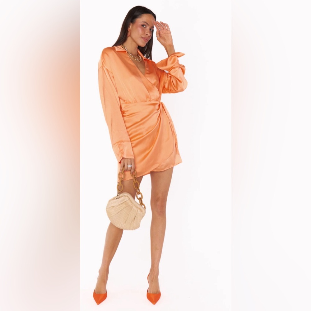 Show Me Your Mumu Clara Collared Mini Dress in Cantaloupe Luxe Satin Size XS - Picture 2 of 9
